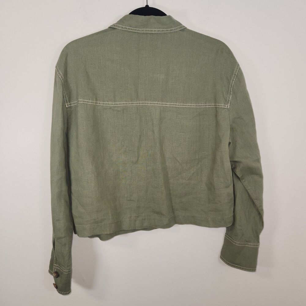 Rachel Zoe Top Shacket Green Linen Flax Lagenlook Pockets Medium - Picture 3 of 6